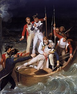 Pintura histórica que representa a Horacio Nelson herido durante la batalla