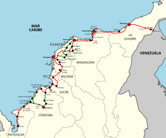 Mapa de la red vial de la Transversal del Caribe