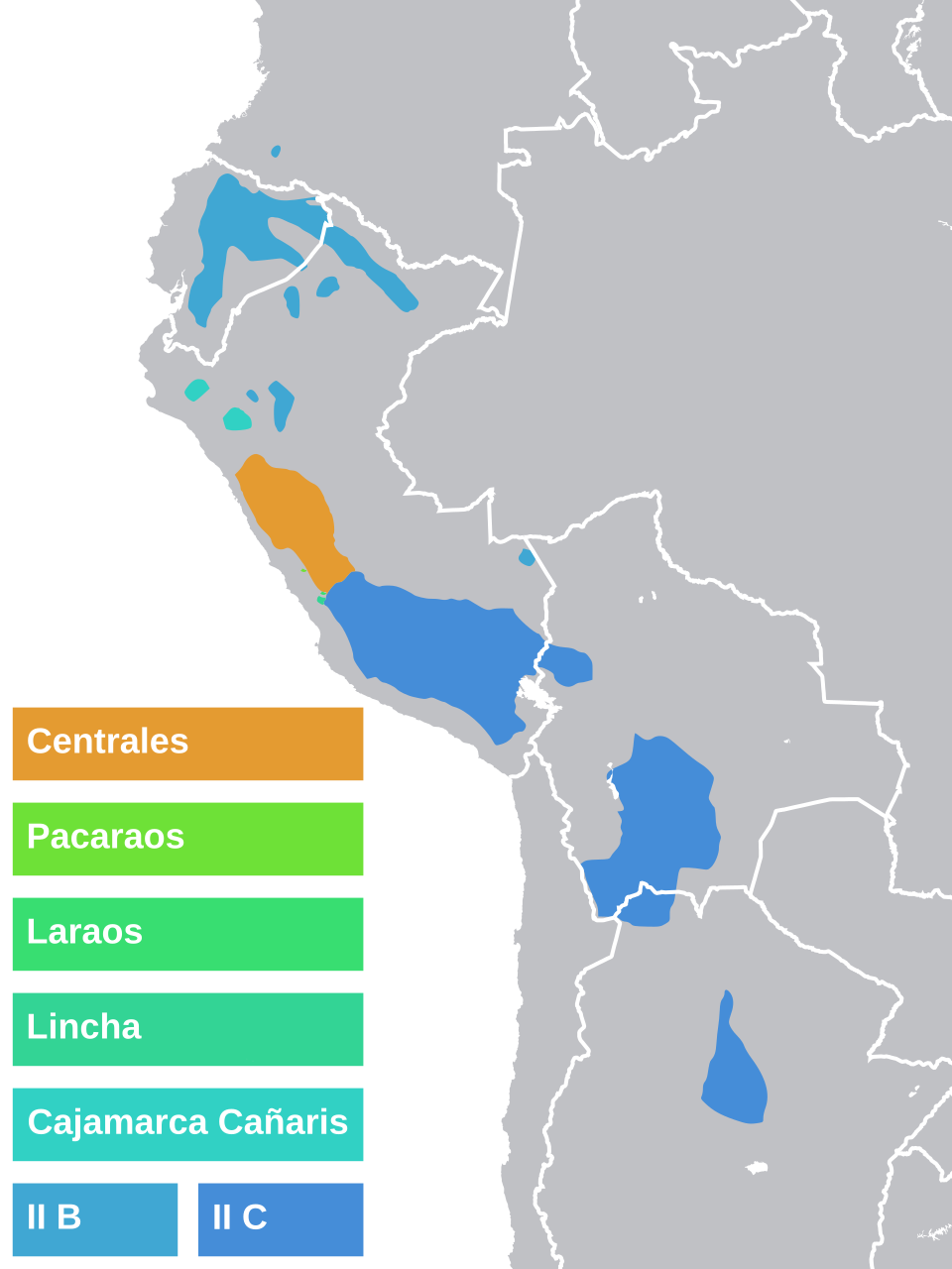 Mapa de distribución geográfica de las lenguas quechuas en América del Sur