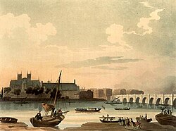 Salón y Puente Westminster en un dibujo de Augustus Pugin y Thomas Rowlandson