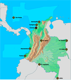 Mapa esquemático de las principales bases navales y operativas de la ARC.