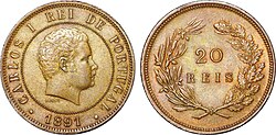 Moneda de 20 reis con la efigie de Carlos I de Portugal de 1891