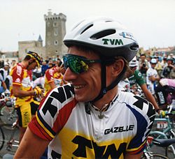 Philippa York, entonces Robert Millar, durante el Tour de Francia 1993