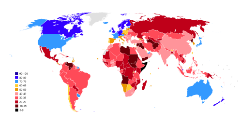 Mapa mundial estadístico que representa la medición de la corrupción política en el año 2017.