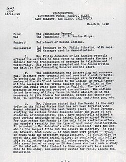 Documento histórico relacionado con el uso militar del navajo