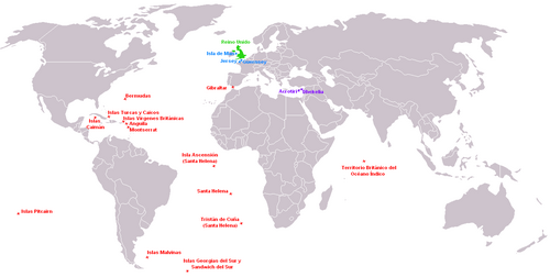 Mapa geográfico de la distribución de los territorios británicos de ultramar