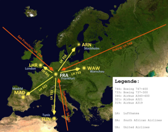 El Aeropuerto Internacional de Fráncfort es un centro de conexión de Lufthansa y recibe vuelos de las aerolíneas de Star Alliance.