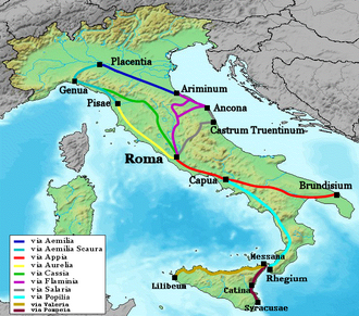 Mapa de Italia que ilustra las principales calzadas romanas, mostrando la Vía Cassia resaltada en color verde.