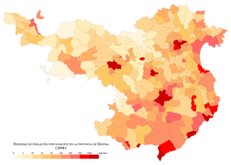 Densidad de población en municipios de Gerona