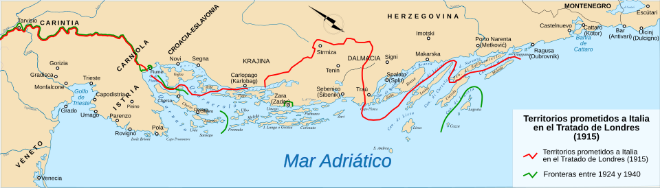 Mapa de los territorios prometidos a Italia