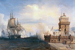 Grabado histórico del incidente Roussin ante la Torre de Belém
