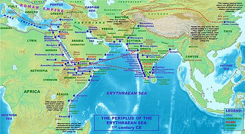 Mapa histórico que muestra las rutas descritas y los lugares mencionados en el Periplo del Mar Eritreo.