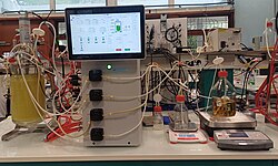 Biorreactor de laboratorio con recipiente encamisado durante un proceso de fermentación.