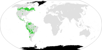 Mapa esquemático de la distribución geográfica actual de las lenguas amerindias en el continente americano.