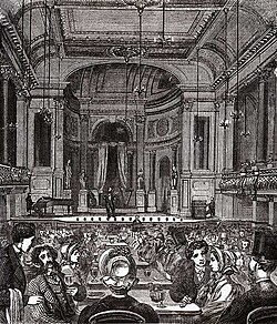 Ilustración antigua del Music Hall de Oxford hacia 1875.