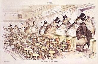 Ilustración histórica del Senado de Estados Unidos del siglo XIX rodeado por bolsas de dinero representativas de monopolios financieros.