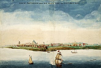 Ilustración histórica de Nueva Ámsterdam en 1664
