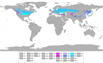 Mapa mundial que muestra la distribución global del clima continental templado