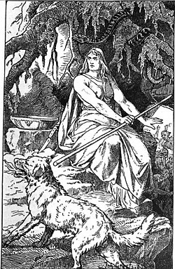 Pintura de la deidad nórdica Hel junto a su sabueso Garmr.