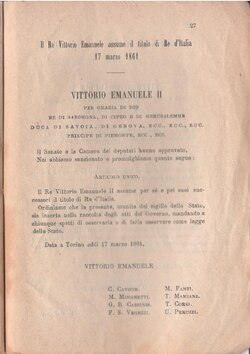 Asunción del título de rey de Italia por Víctor Manuel II