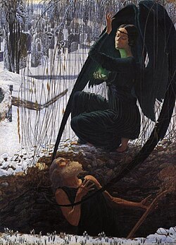 La muerte del sepulturero de Carlos Schwabe con temas de muerte y ángeles.