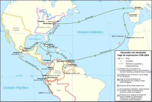 Mapa de los viajes de Humboldt a América