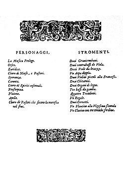 Partitura de 1609 con la lista de instrumentos de Monteverdi