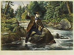 Estampa de Currier and Ives sobre la pesca recreativa en el siglo XIX