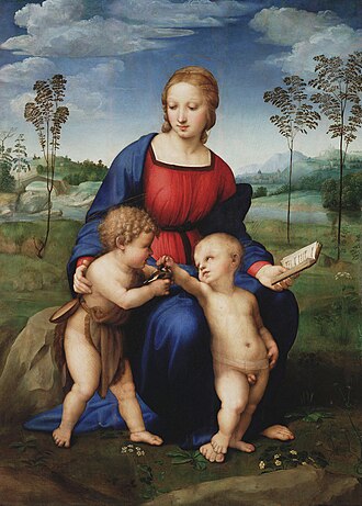 Detalle general de la pintura Virgen del jilguero de Rafael Sanzio