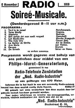 Anuncio histórico de la primera emisión radiofónica de PCGG en 1919