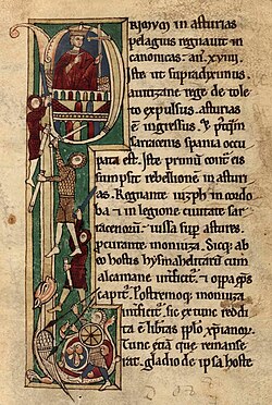 Miniatura medieval de Don Pelayo en la batalla de Covadonga