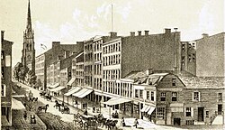 Representación histórica de Broadway en 1834 con edificios bajos y tráfico de carruajes.