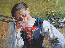 Pintura histórica de Giovanni Segantini titulada Muchacha grisona en la fuente.