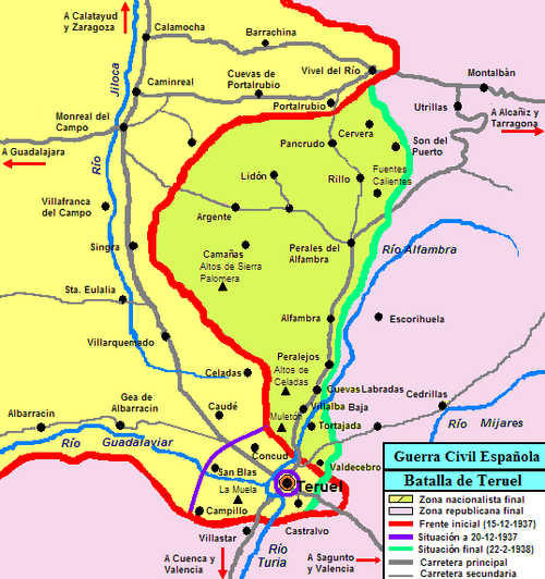 Mapa del entorno y evolución de la batalla de Teruel.