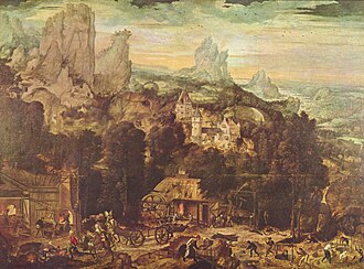 Representación de minas de cobre en un entorno montañoso y rocoso característico del estilo paisajístico flamenco.