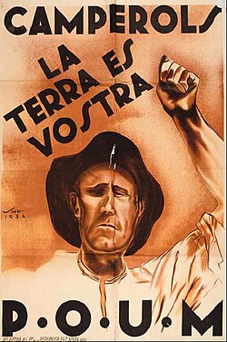 Cartel histórico de propaganda política animando al colectivismo agrario.