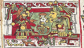 Representación de dos reyes de la cultura mixteca compartiendo una bebida de chocolate en el Códice Nuttall.