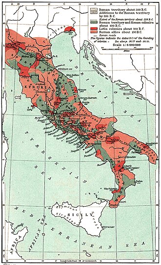 Mapa histórico de la península itálica durante la Guerra Social mostrando territorios de ciudadanos y aliados