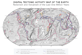 Mapa de tectónica de placas con ubicaciones de volcanes marcadas en círculos rojos