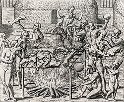 Grabado antiguo que ilustra una escena de canibalismo en Brasil