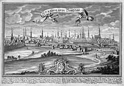 Grabado histórico que muestra la vista de Breslavia en el año 1736