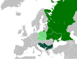 Mapa de países con predominio de etnia eslava divididos por ramas occidental, oriental y meridional