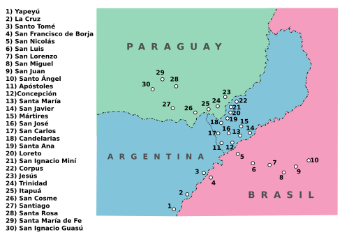 Localización de las misiones jesuíticas guaraníes en Argentina, Paraguay y Brasil