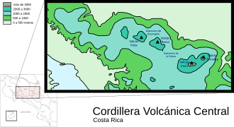 Mapa de localización y altitudes de la Cordillera Volcánica Central