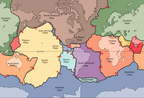 Mapa que muestra las principales placas tectónicas de la Tierra.