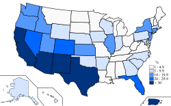Mapa de distribución de los hispanohablantes en los Estados Unidos según el censo de 2010.