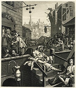 Gin Lane de William Hogarth ilustrando los excesos de la ginebra en el siglo XVIII