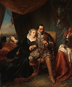 Pintura de Magdalena Moons implorando a Francisco de Valdés