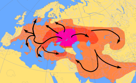 Resumen de la propuesta de expansión de pueblos indoeuropeos entre el 4000 a. C. y el 1000 a. C. conforme a la hipótesis de los kurganes.