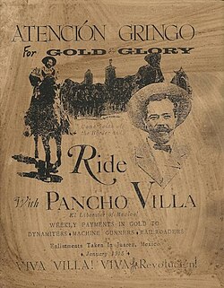 Cartel de reclutamiento de Pancho Villa en inglés dirigido a aventureros estadounidenses en 1915